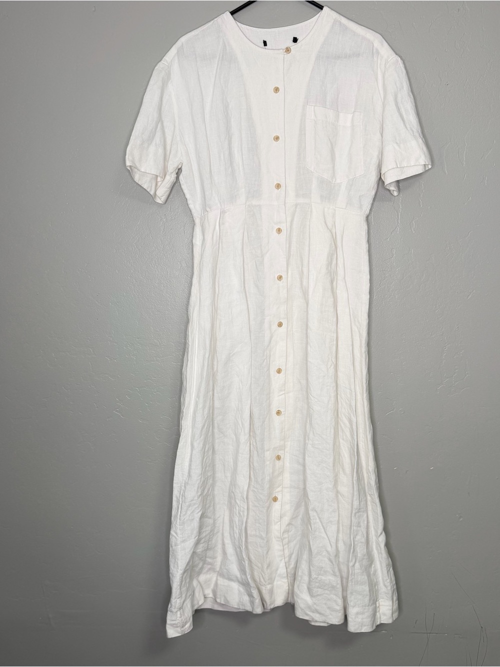 Jenni Kayne Day Dress White 100% Linen Midi Dress Button Crewneck Sz M/L FLAWED